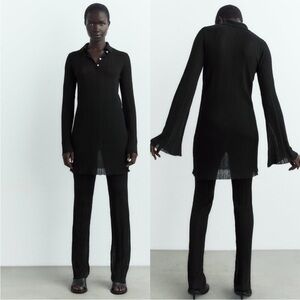 Zara Semi Sheer Rib Knit Longline Polo Black M